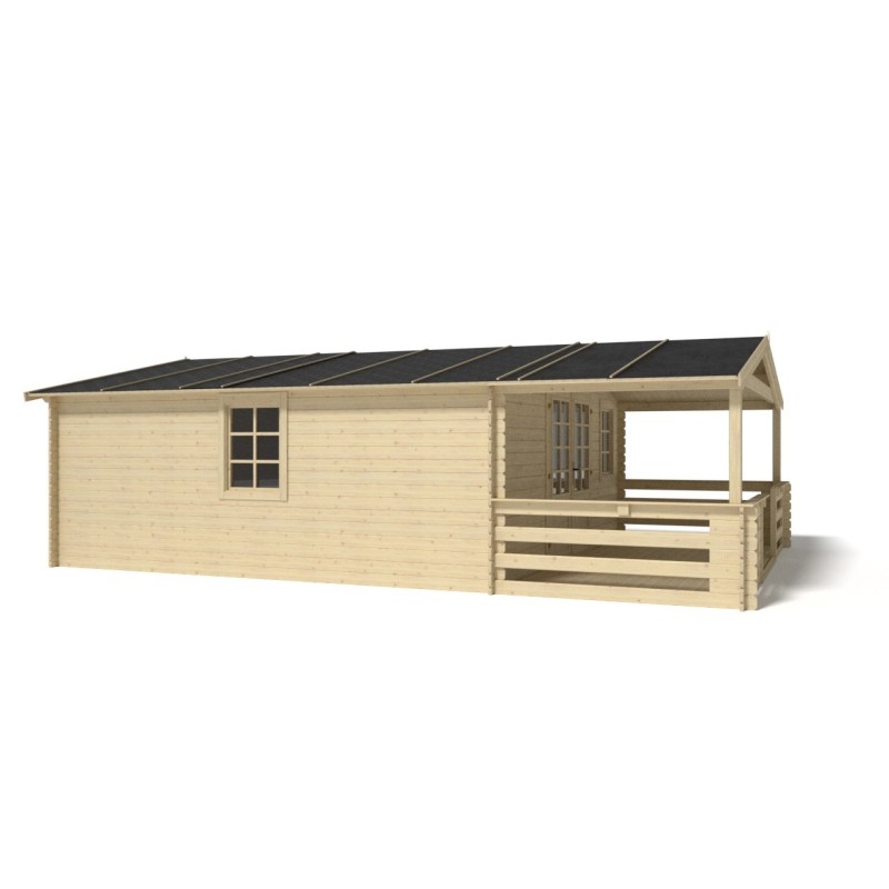 Abri de jardin en bois - 5x5 m - 35 m2 + terrasse avec balustrade et avant-toit en bois