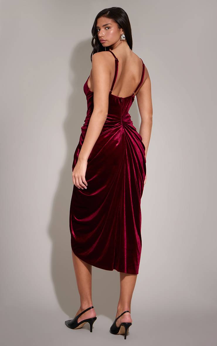Rouge Bordeaux Robe Mi-longue Drapée En Velours À Bretelles Et Armatures