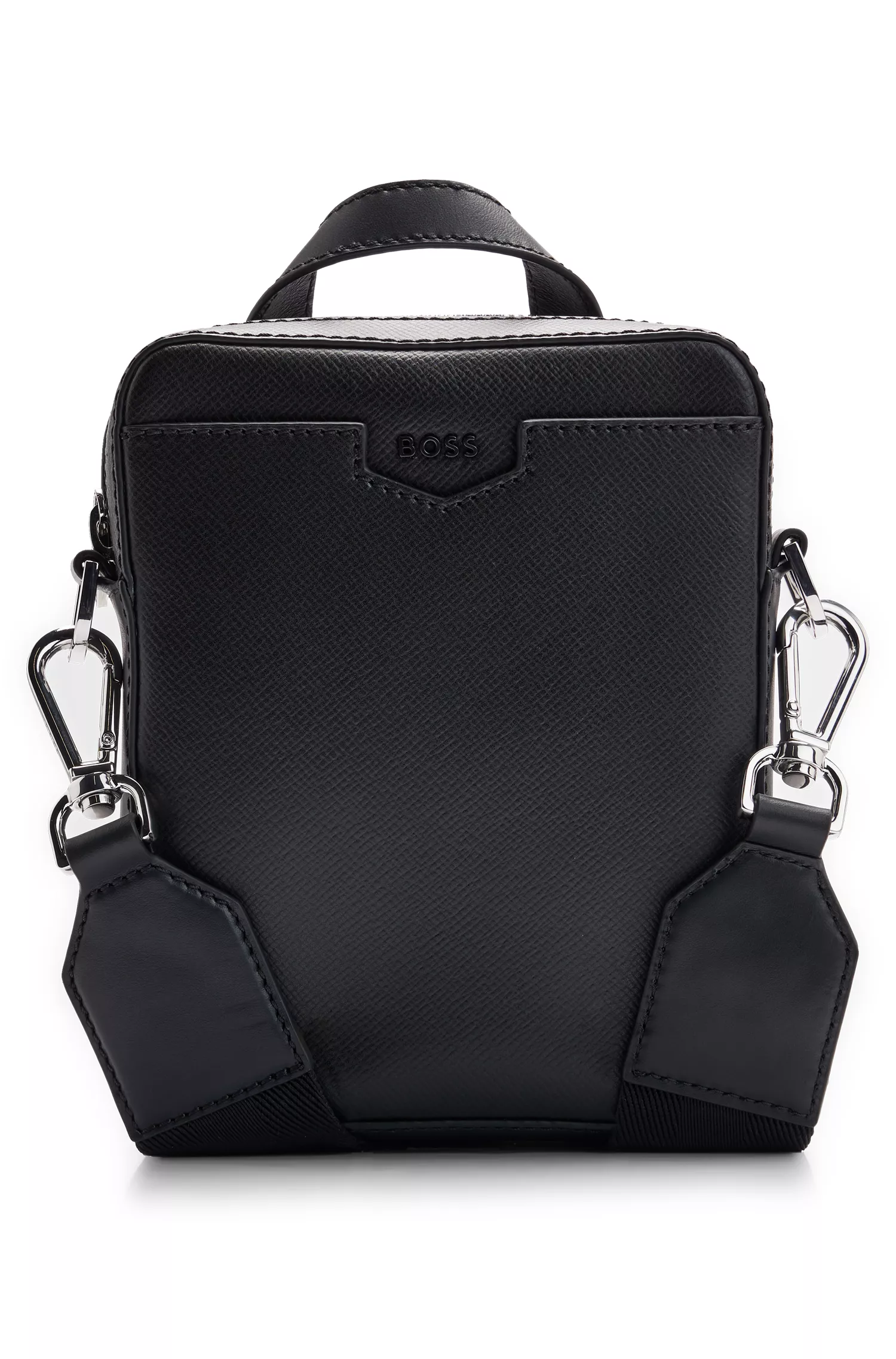 Bolsa transversal BOSS preta em couro estruturado com logotipo da marca.