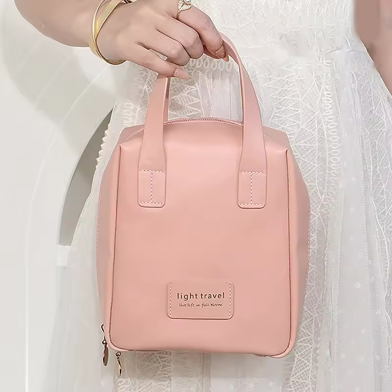(19x15cm) Leder Reise Kulturbeutel Kosmetik Make Up Tasche Necessaire Organizer Bag - Rosa