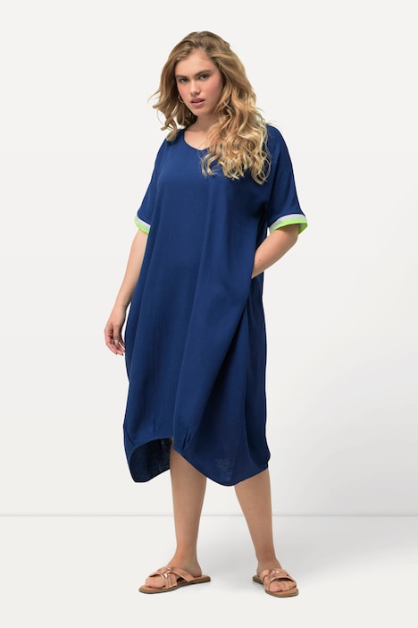 Midikleid, Leinenmix, V-Ausschnitt, Fledermaus-Halbarm