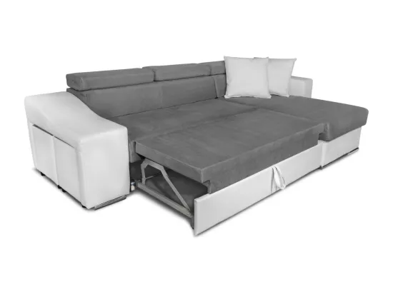 Canapé d'angle Elona convertible bi-matière Blanc et Gris avec poufs de rangement à gauche - L264 x P162 x H75cm - Loungitude