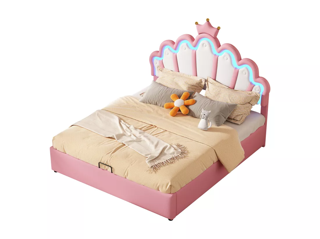 Lit coffre 140 x 200 cm en forme couronne - lit princesse - cuir PU - LEDs - Rose