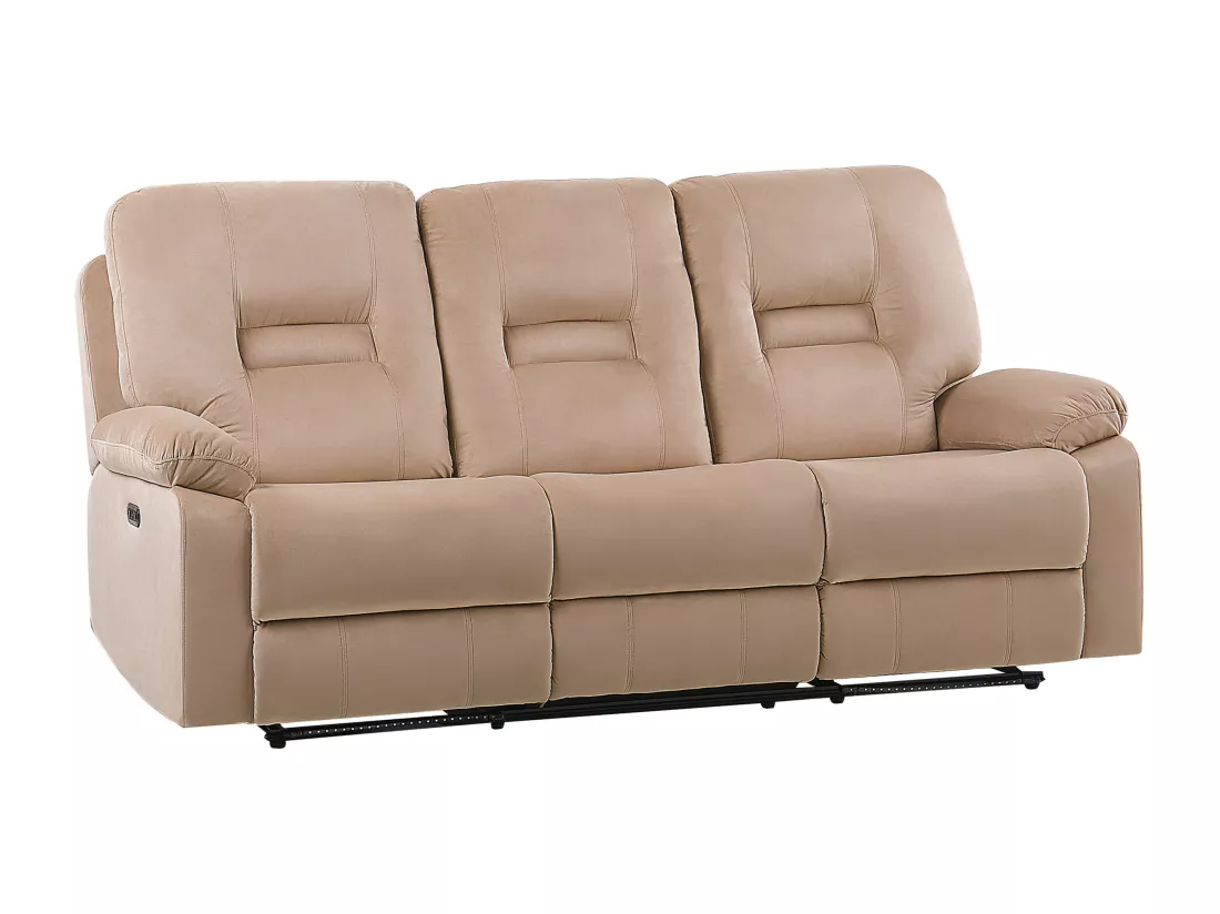 Canapé de salon 3 places électrique inclinable en velours beige avec LED et port USB BERGEN