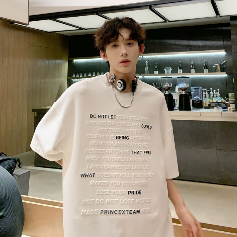 Breeson - T-shirt met ronde hals, elleboogmouwen en reliëfletters