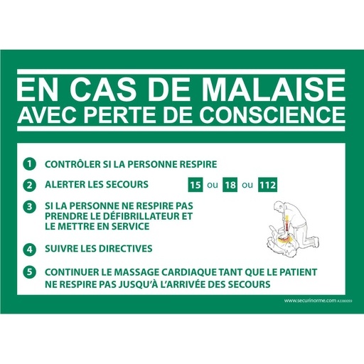 Panneau - Consigne Défibrillateur en cas de malaise - ISO 7010