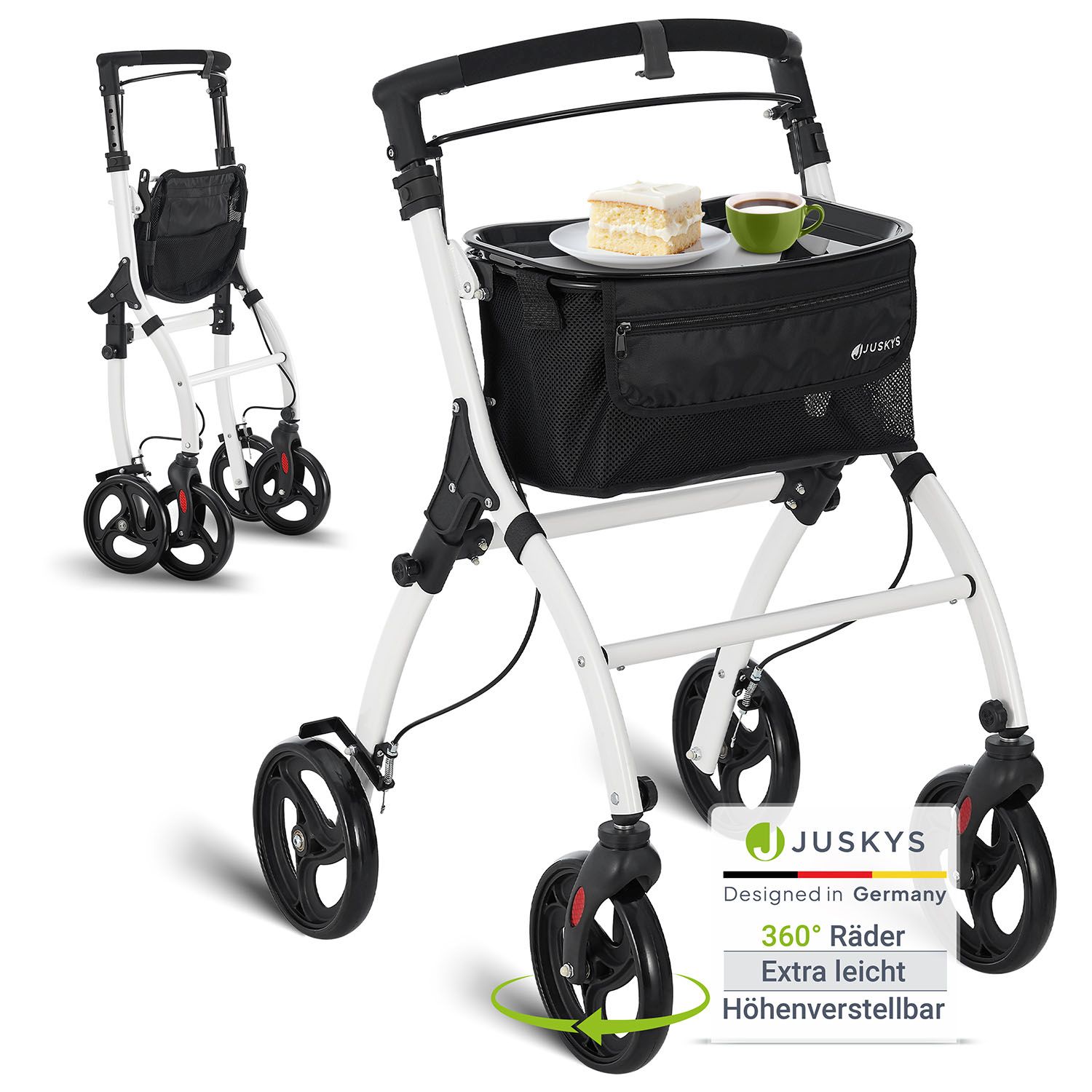 Juskys Aluminium Wohnungsrollator Aktiv - Tasche & Tablett - Rollator schmal & faltbar - Weiß