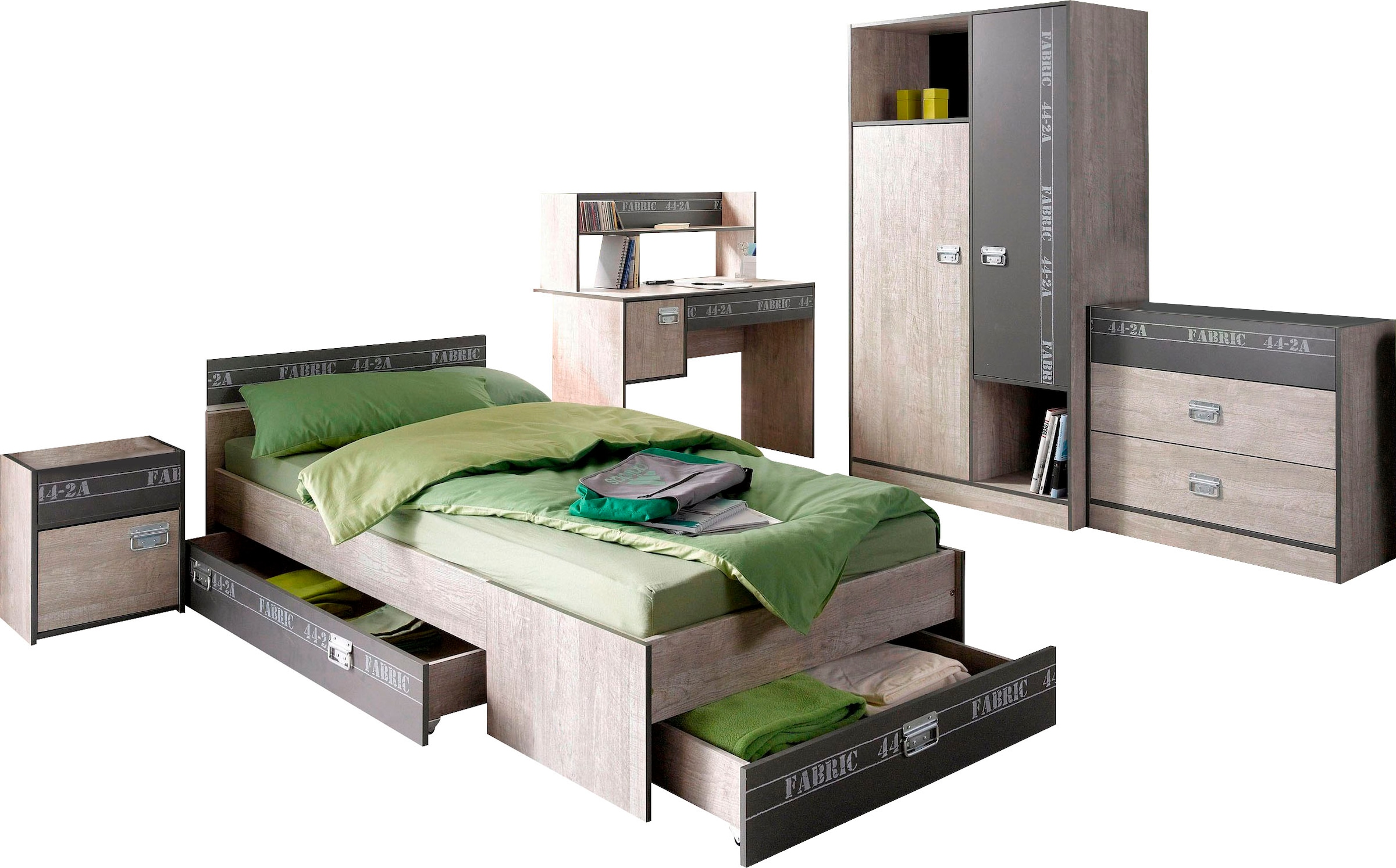 Parisot Jugendzimmer-Set »Fabric« Set, Bett, Bettschubkasten, Kleiderschrank, Nachttisch, 4 Stk. tlg. wahlweise mit Aufbauservice