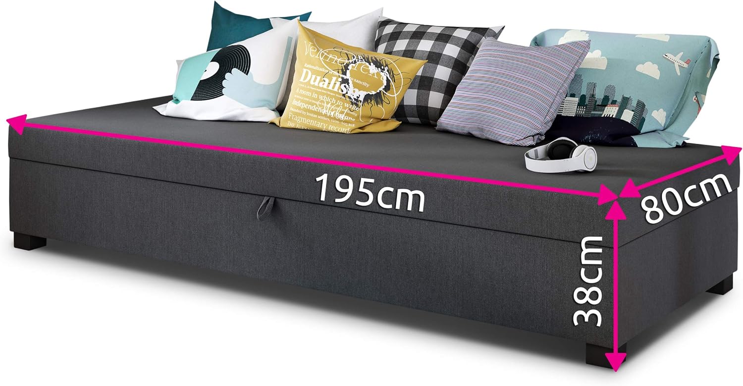 Einzelbett Misti - Sofa mit Bettkasten, Schlafsofa, Bettsofa, Farbauswahl, Bettgestell, Komfortbett, Bett für Jugendzimmer, Schlafmöbel (Grau (Lux 05))