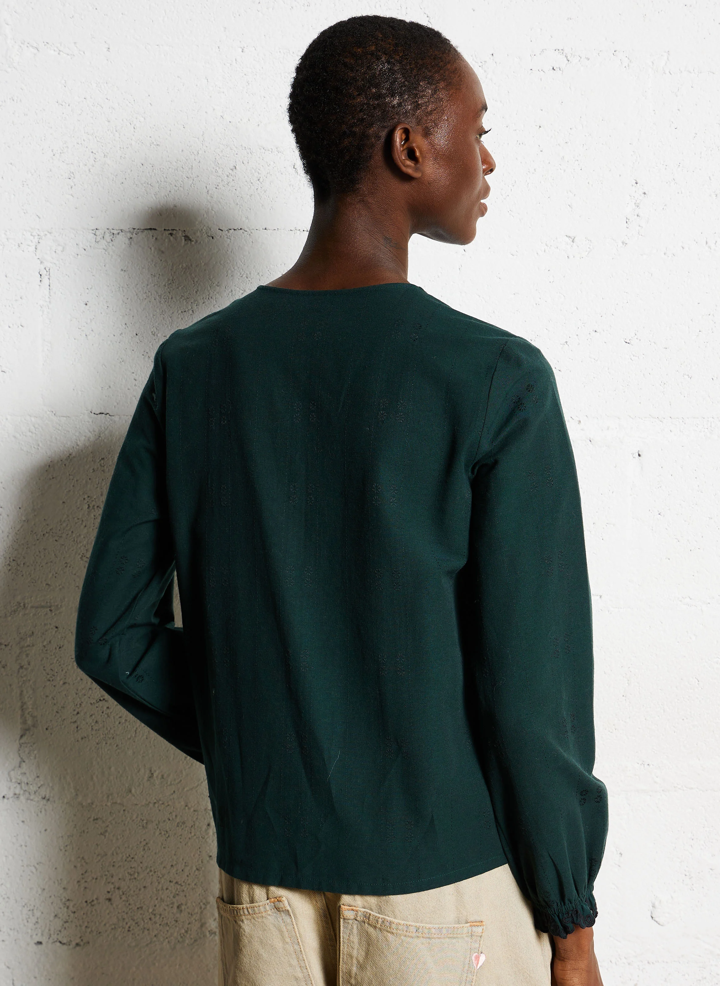 Chemise droite col V en coton mélangé | Vert