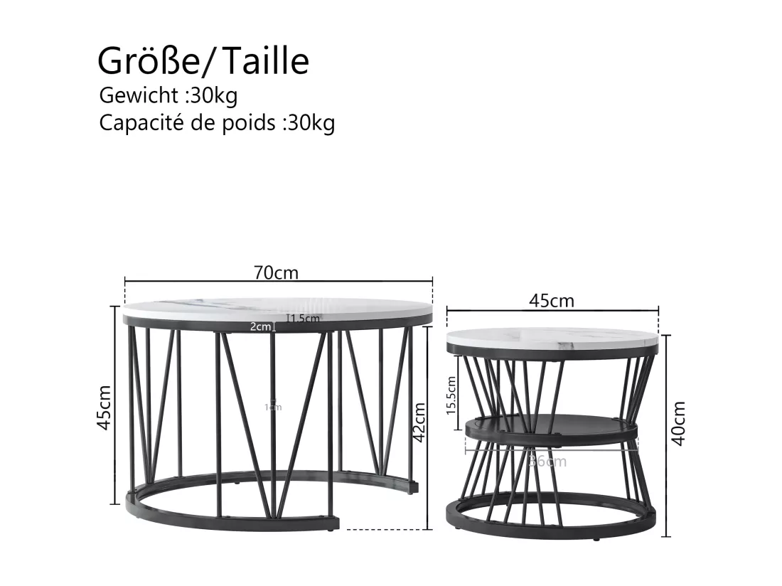 Lot de 2 tables basses rondes modernes avec structure en marbre pour salon, salle de réception, balcon et bureau - Structure en métal - 70 x 70 x 45 cm - Noir - 70 x 70 x 45 cm