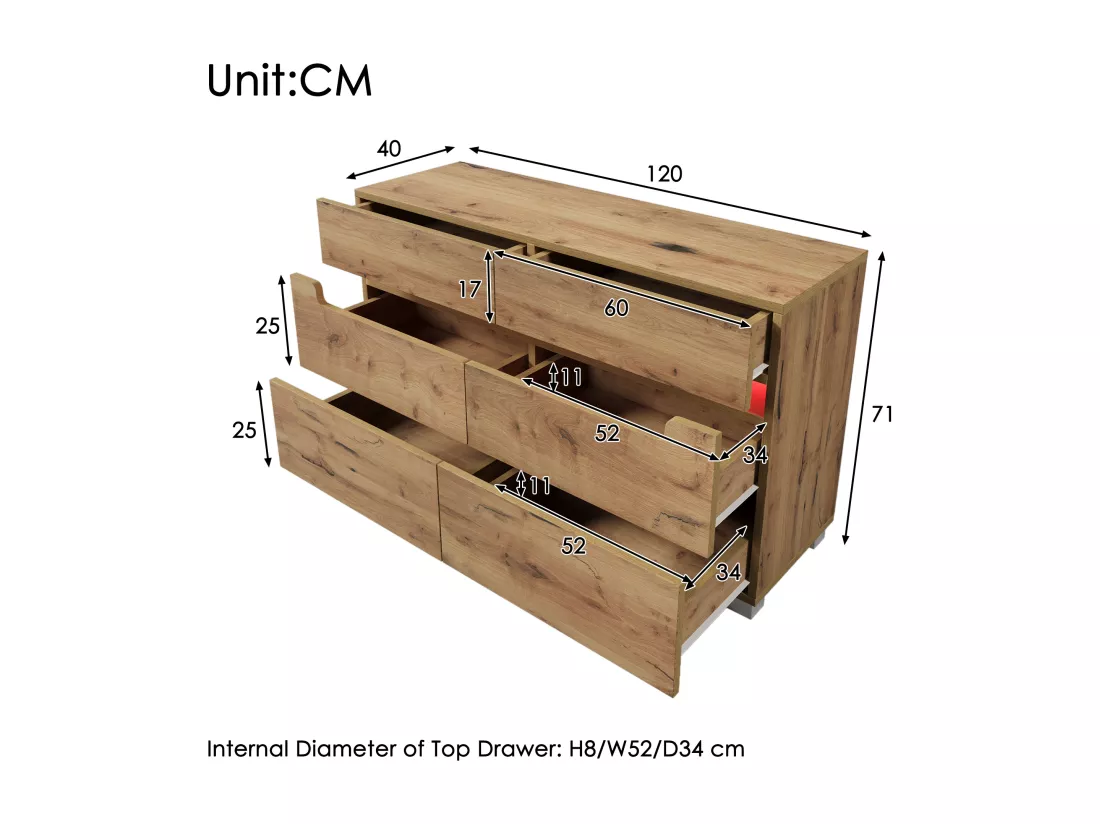Commode avec LED - 6 tiroirs - effet brillant - Naturel