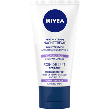 NIVEA Verzachtende Nachtcrème - 50ml - Ongeparfumeerd en PH-neutraal - Met natuurlijke druivenpitolie - Gevoelige huid