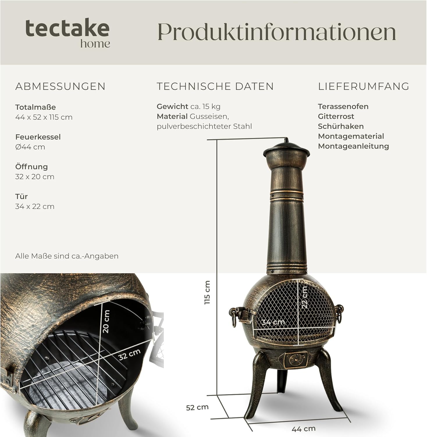 tectake® Vintage Outdoor Terrassenofen, Gartenofen aus Gusseisen, Raketenofen, Aztekenofen mit Funkenschutz, Grill Rost und Schürhaken, Gartendeko Kamin, Deko für Terrassen oder Balkon, Kaminofen