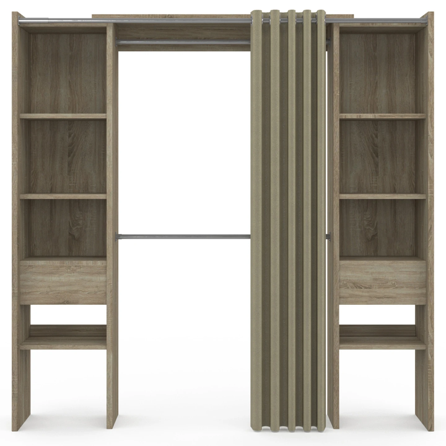 Dressing extensible double MERYL 120/180 x 50 x 180 cm hêtre avec étagères + double penderie + rideau taupe
