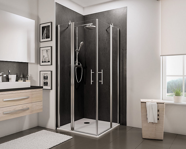 Accès d'angle droit avec porte de douche battantes, 90 x 90 cm, Schulte, NewStyle, verre transparent anticalcaire