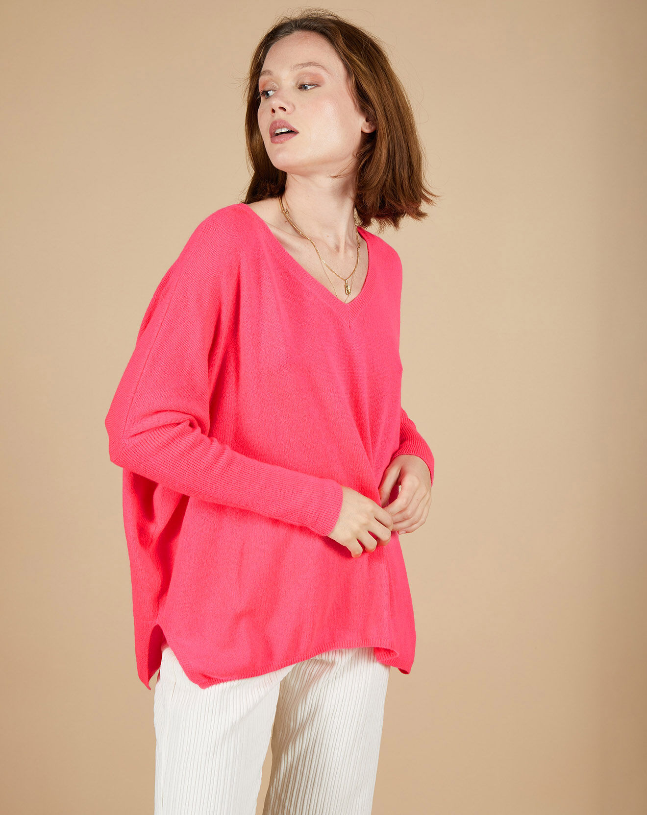 Cashmere Tribu Pull poncho 100% Cachemire Emma col V rose fluo