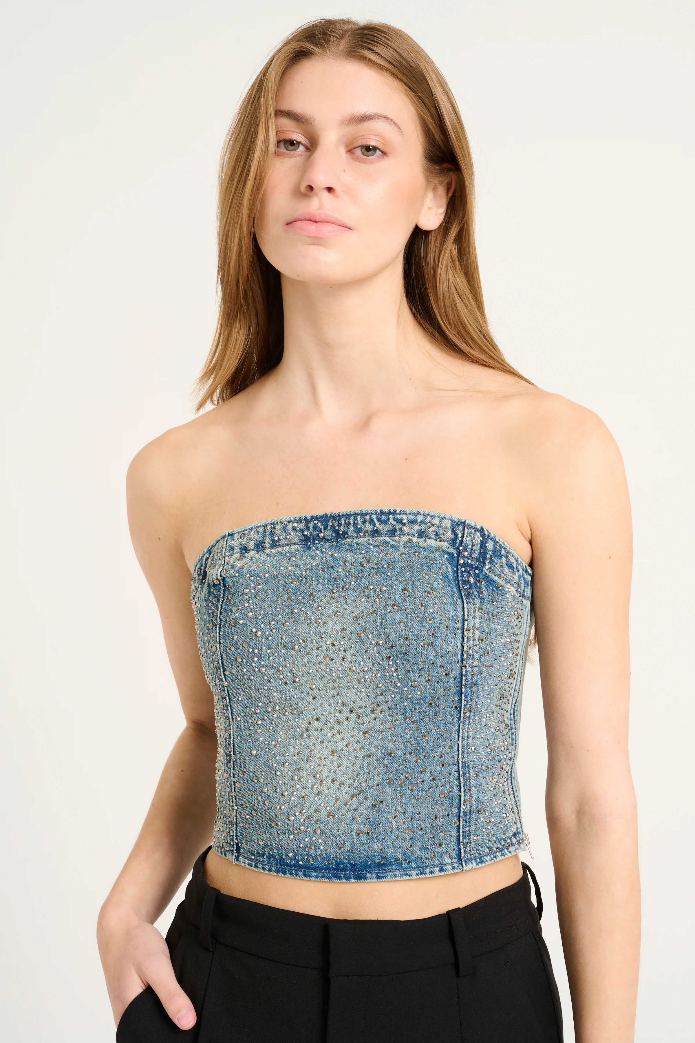 GESTUZ  ZorahGZ korset denimtop - Mid Blue Washed