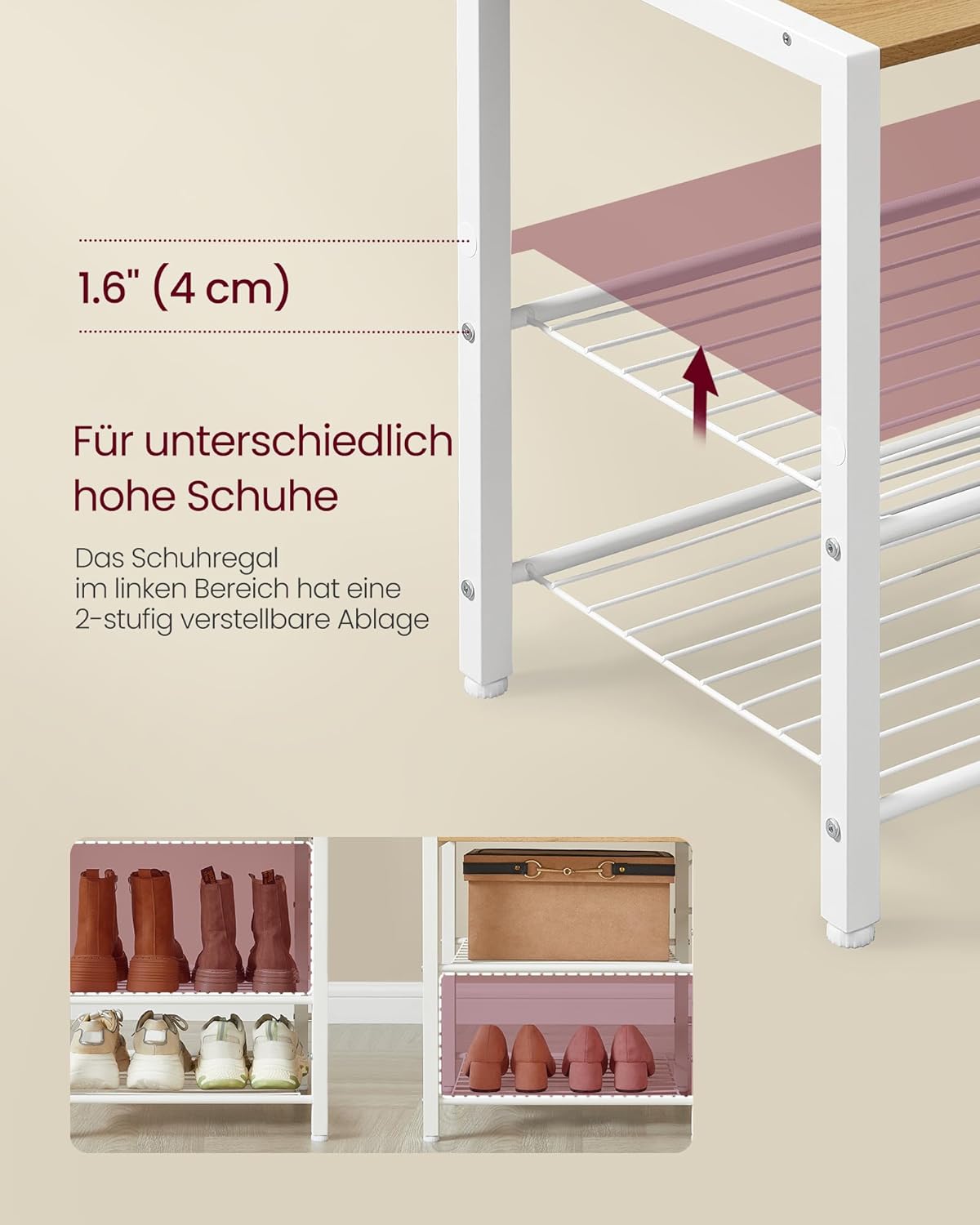 VASAGLE Garderobenständer mit Schuhbank, Garderobe, 5 Regalebenen aus Spanplatten, 9 Dreifach-Haken, 6 seitliche Haken, 40 x 120 x 190 cm, goldeichenfarben-wolkenweiß HSR426Y01