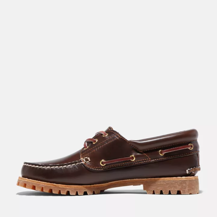 Chaussure bateau Noreen cousue main à 3 œillets pour femme en marron