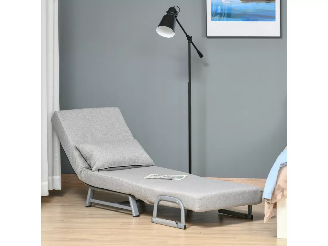 Fauteuil chauffeuse canapé-lit convertible inclinable 1 place grand confort coussin lombaires accoudoirs piètement métal lin gris clair