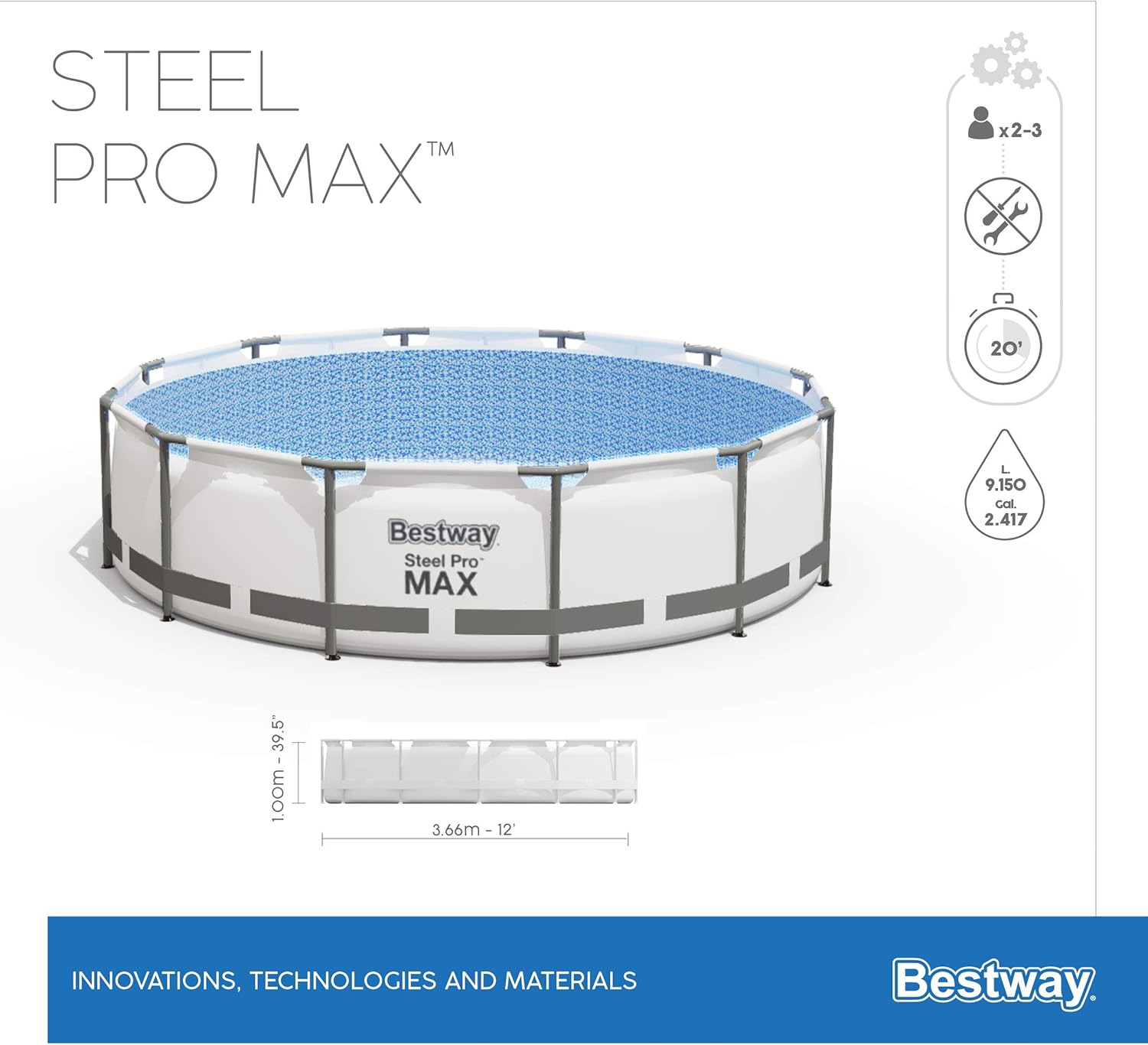 Bestway Steel Pro Max Frame Kit Piscine avec Pompe à Filtre Ø 366 x 100 cm, Gris Clair, Ronde