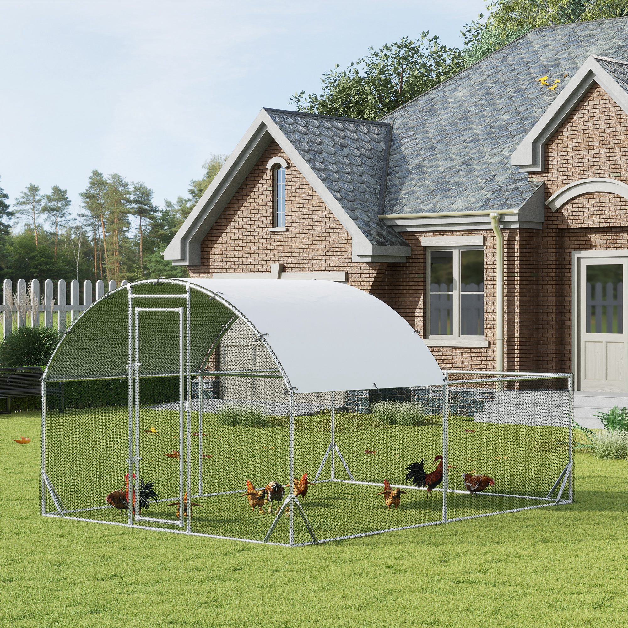 Galinheiro grande PawHut para exterior, 380x280x195 cm, gaiola de aço galvanizado para 10-12 galinhas com 2 andares, cobertura, porta e área externa para galinhas, coelhos e patos, cor prata.