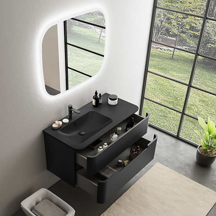 Ensemble salle de bains L. 104 cm meuble sous vasque noir mat + plan vasque à gauche noir mat Alba