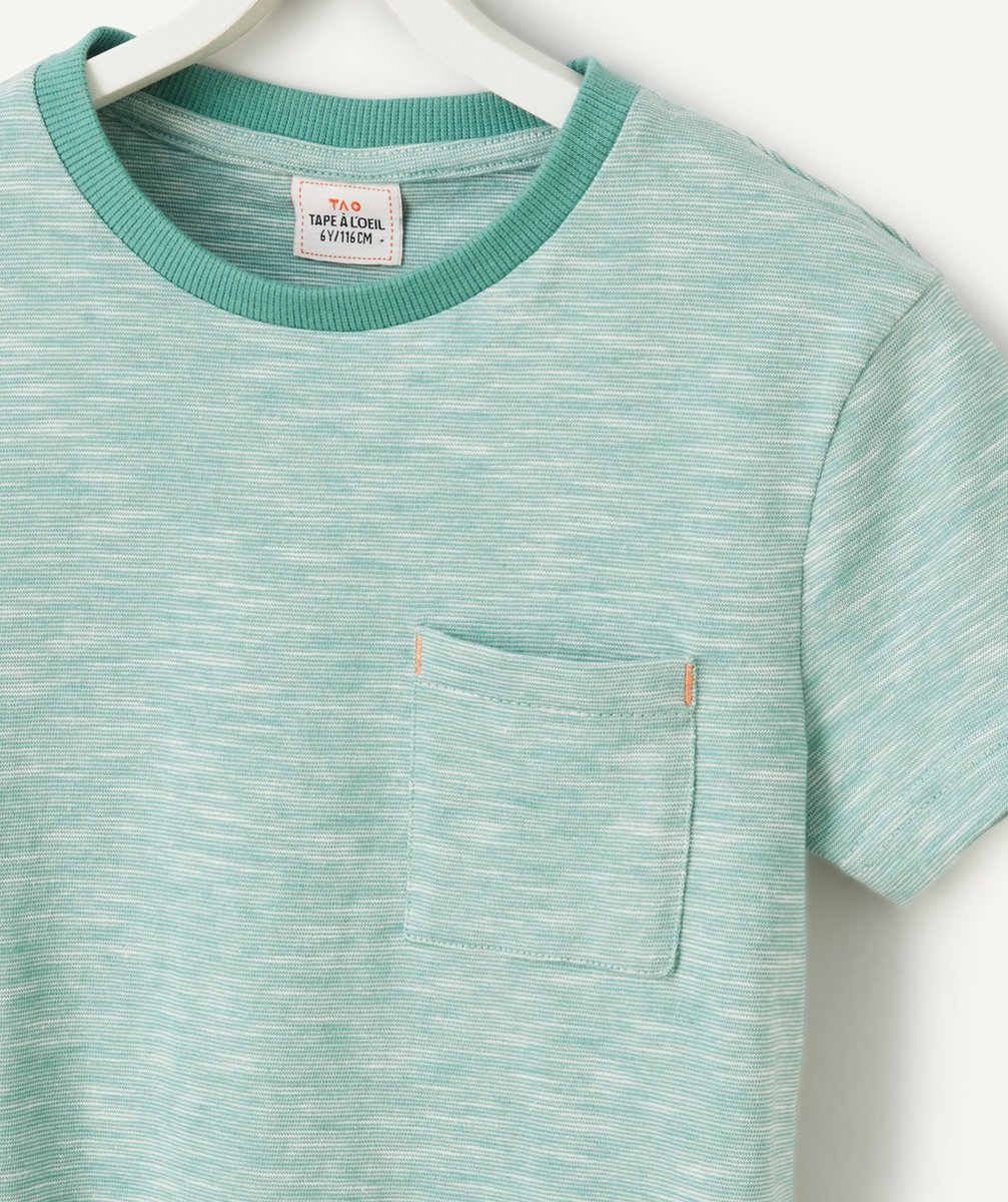 t-shirt garçon en coton bio vert avec poche et imprimé fines rayures