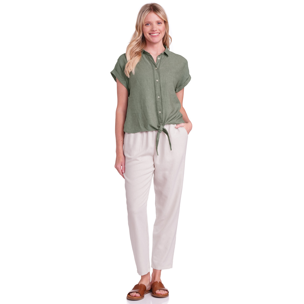 Gina Benotti Damen Leinen-Bluse mit Knotendetail dunkelgrün