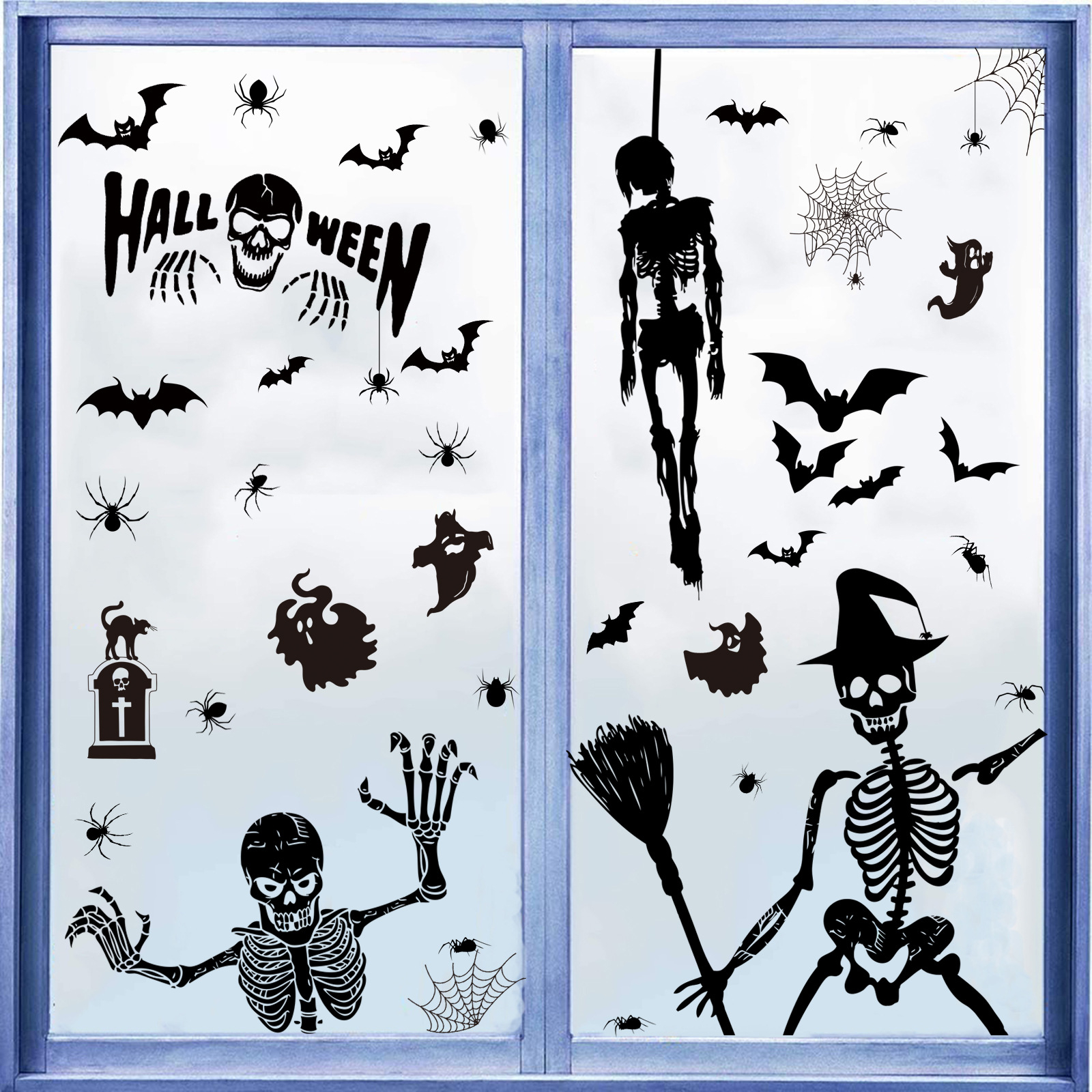 (66-tlg. Set) Halloween Fenster Aufkleber Grusel Fenstersticker Deko - Skelett