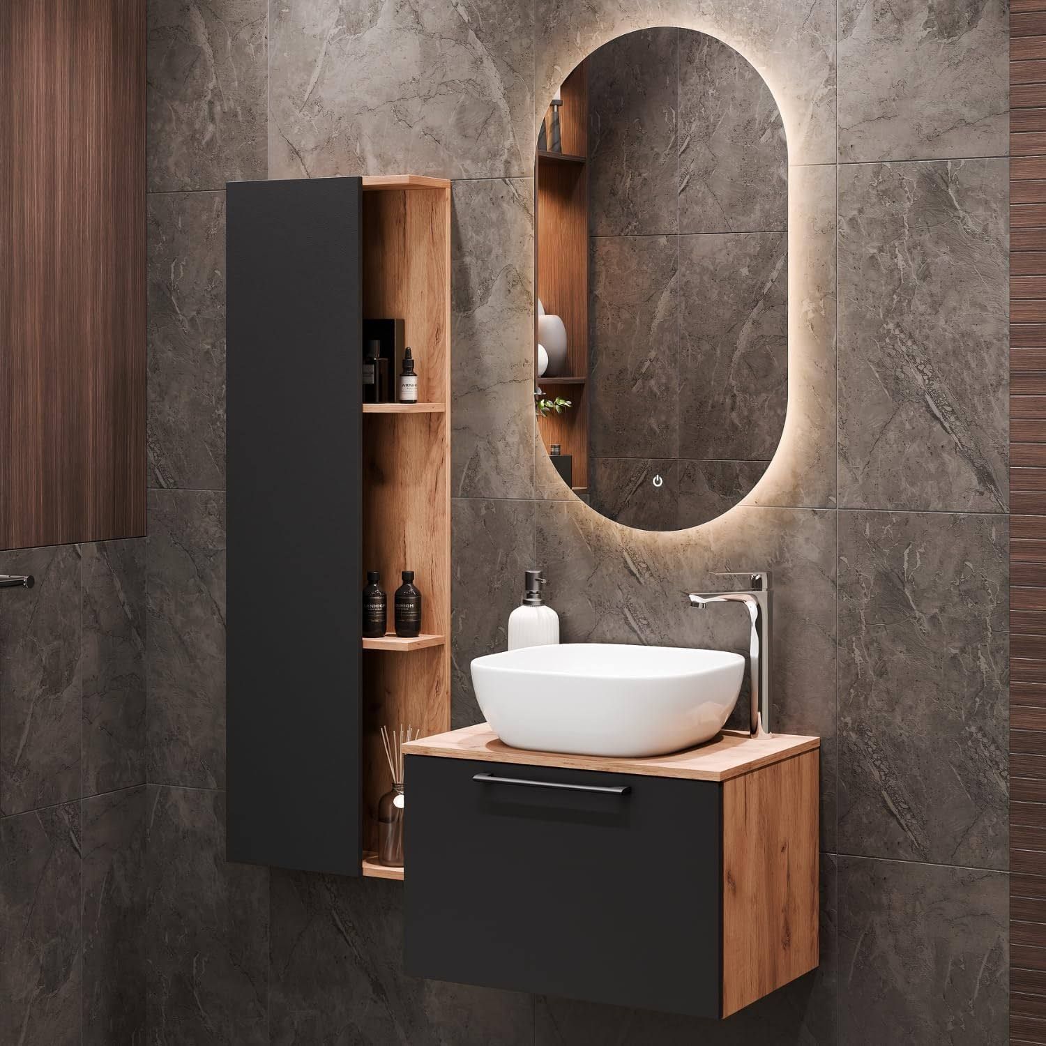 Planetmöbel Astra Badmöbel Set mit Waschtisch 60 cm mit 1x Seitenschra