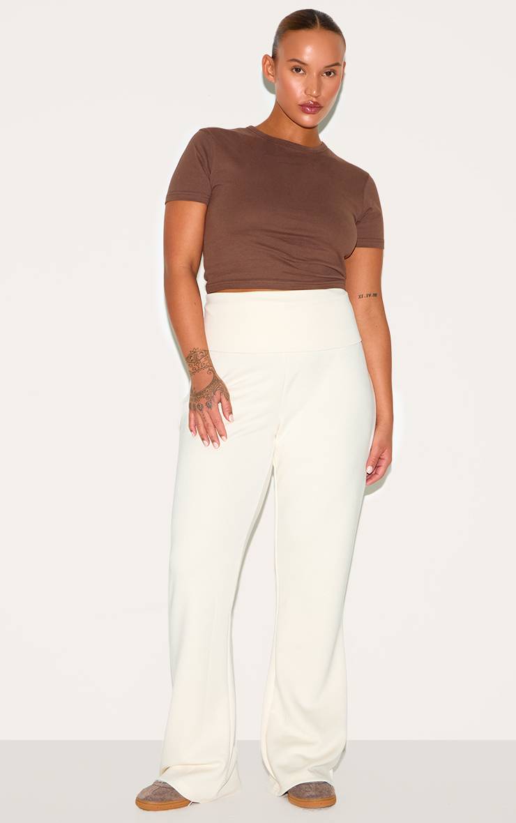 Crème Pantalon De Yoga Évasé Grande Taille À Taille Repliable En Tissu Doux Premium