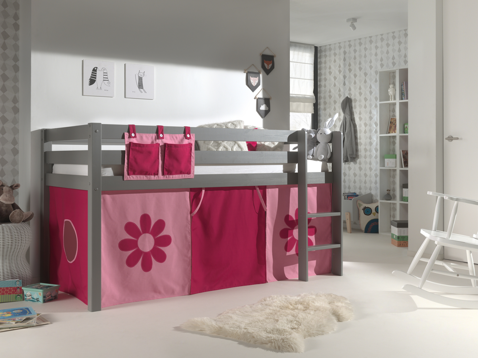 Hochbett PINO Pink Flower - grau Kiefer Massivholz - Vorhang - 90x200 cm