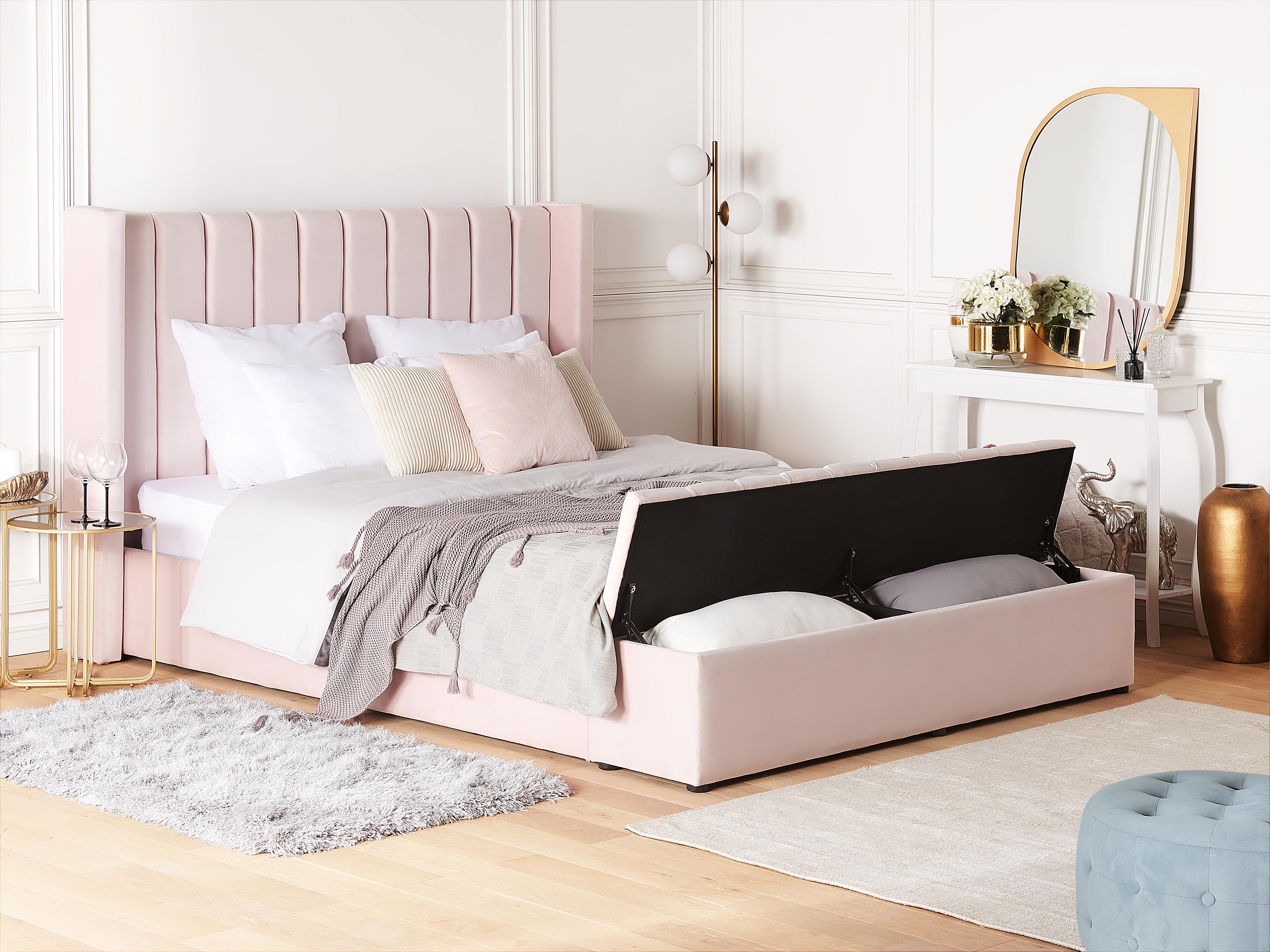 Bed met opbergbankje Fluweel NOYERS 180 x 200 cm Pastelroze