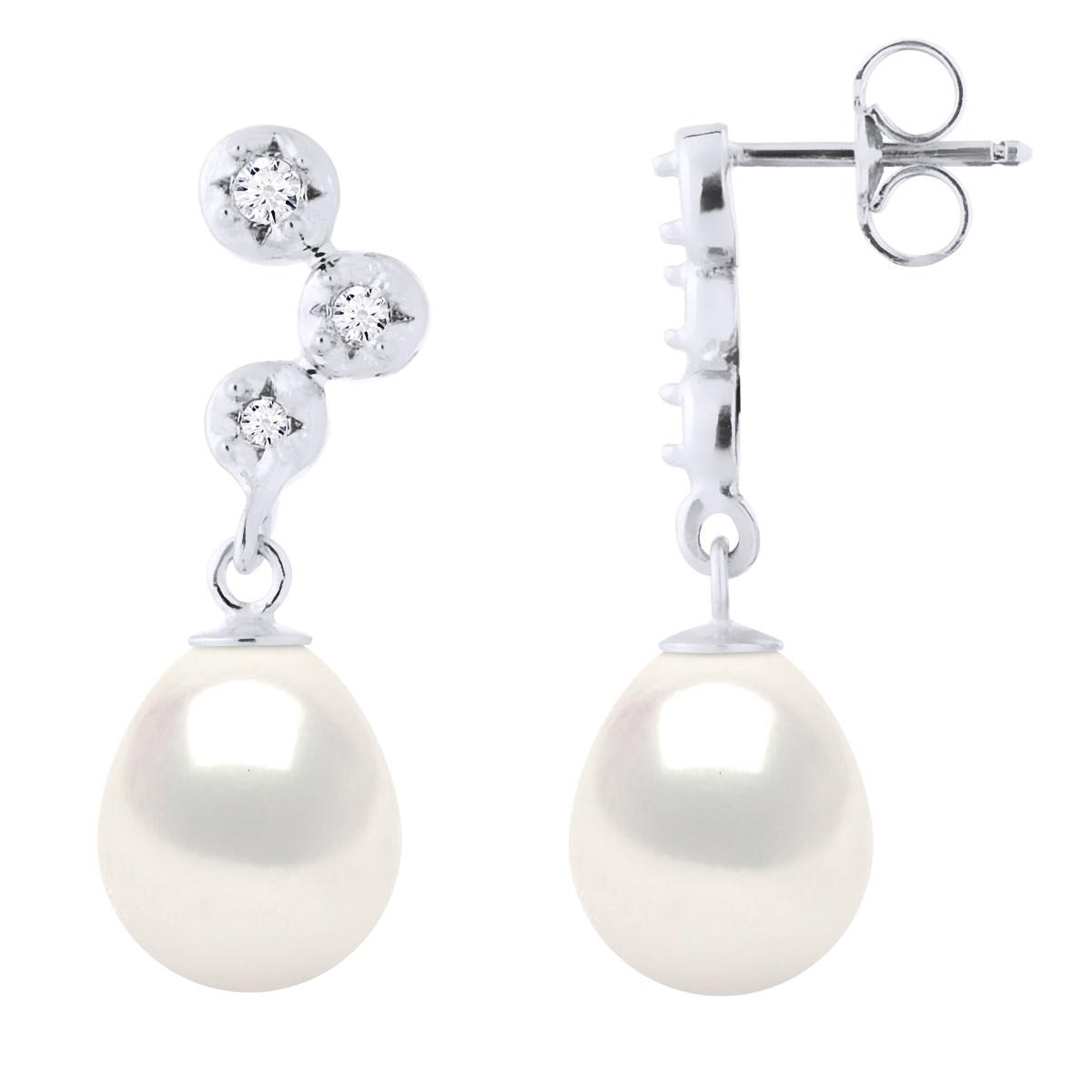 STELLA - Boucles d'Oreilles Perles 9-10 mm & Diamant Or Blanc