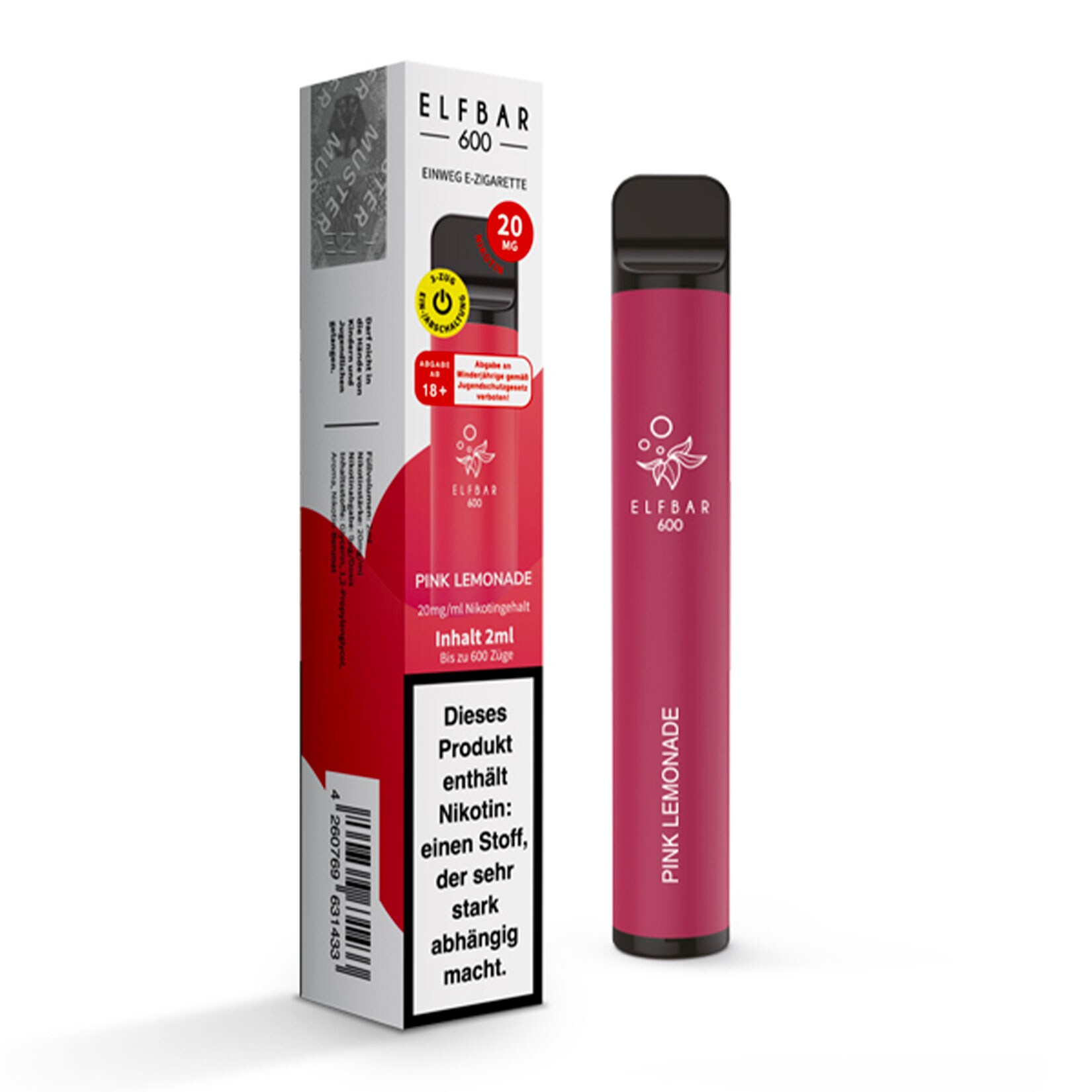 Elf Bar 600 Einweg E-Zigarette Pink Lemonade, 2 ml, 2.0% Nikotin