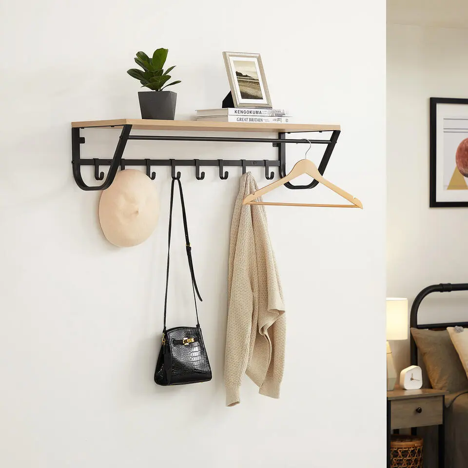 Hangende Kapstok voor Muur of Wand - 8 Haken en 1 Bar - 90 cm Lang - Lichte Eik