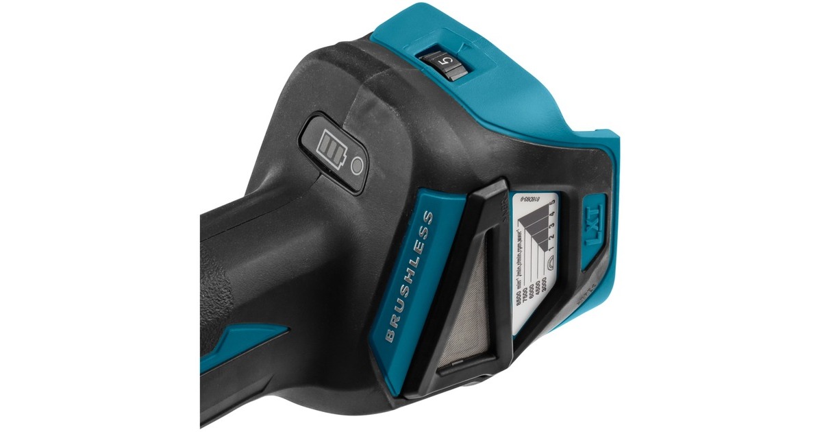 Makita18 V Haakse slijper 125 mm DGA513ZJ  (Blauw/zwart, Accu en oplader niet inbegrepen, in Mbox, met vastzetschakelaar)