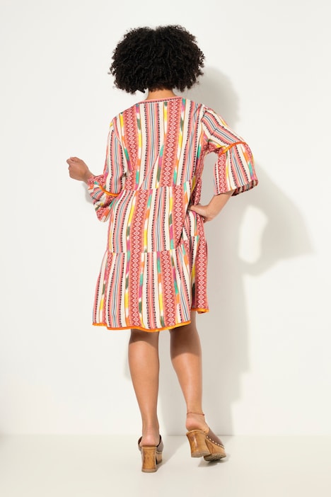 Kleid, Musterstreifen, Knopfleiste, Volants, 3/4-Ärmel