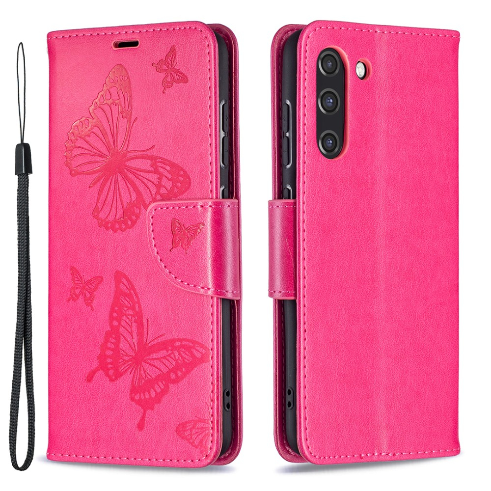 Samsung Galaxy S21 FE 5G Leder Tasche mit Kartenfach   Handschlaufe Schmetterling - Pink