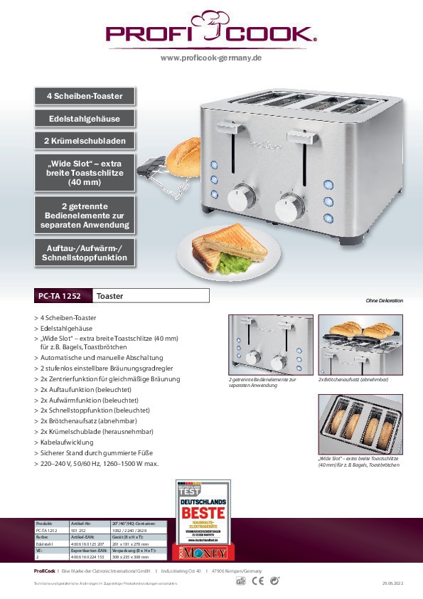 ProfiCook Toaster PC-TA 1252 Edelstahl 1500 Watt