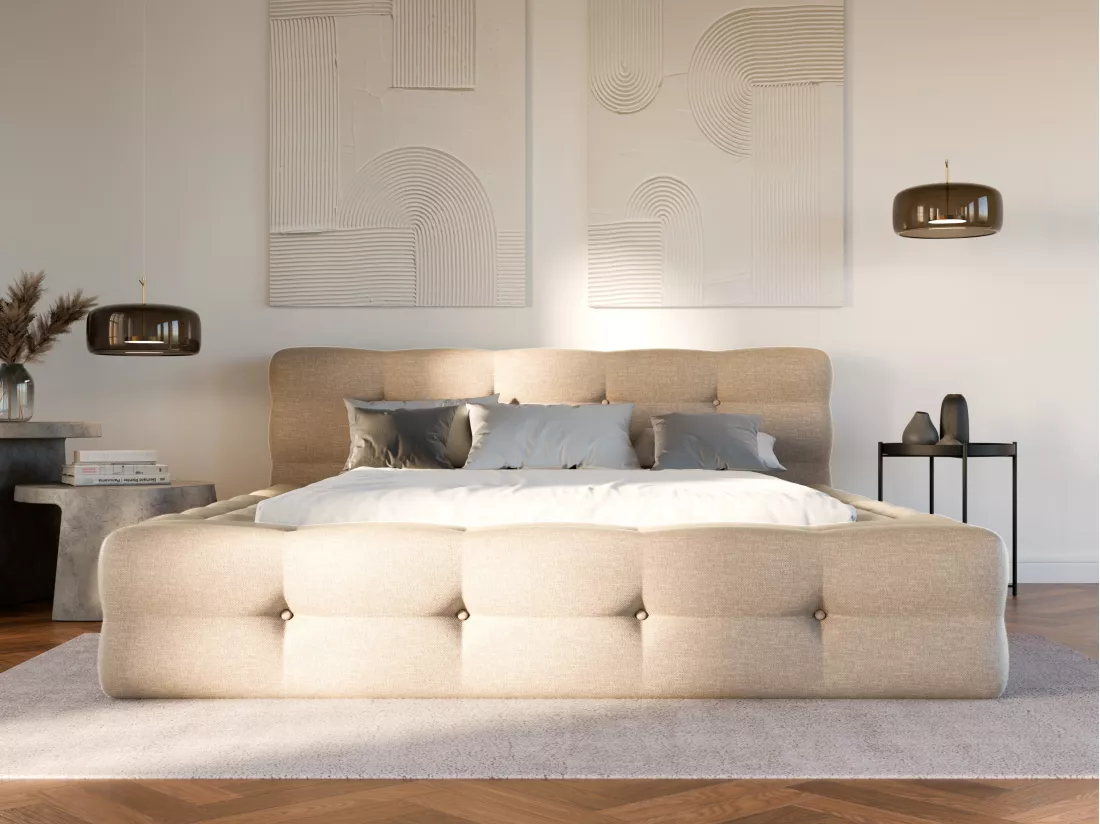 Lit coffre capitonné 140 x 190 cm - Tissu chiné - Beige + Matelas - LERUCO de Pascal Morabito