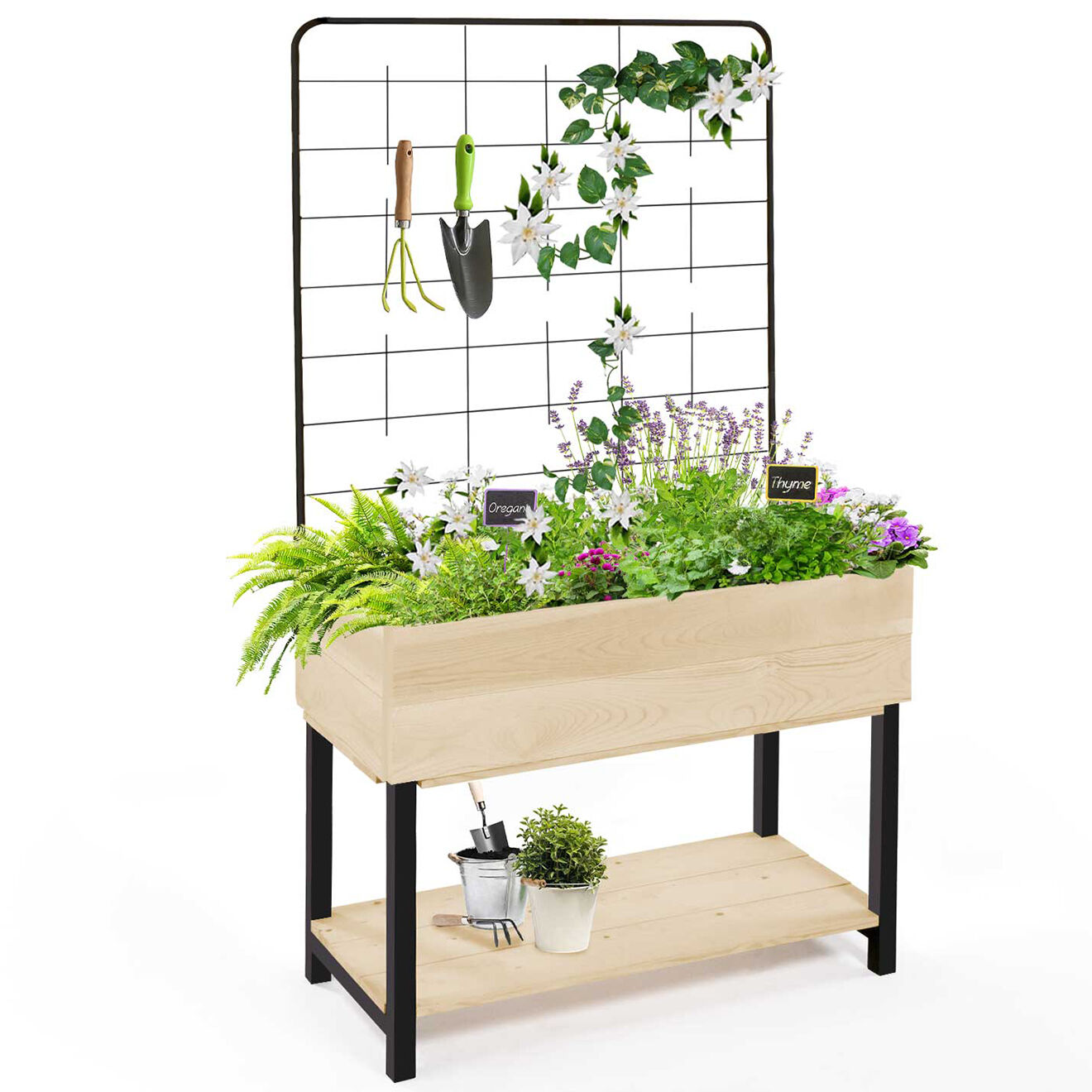 Pratik Garden Jardinière sur pied avec treillis noir/beige - 80x60x140 cm