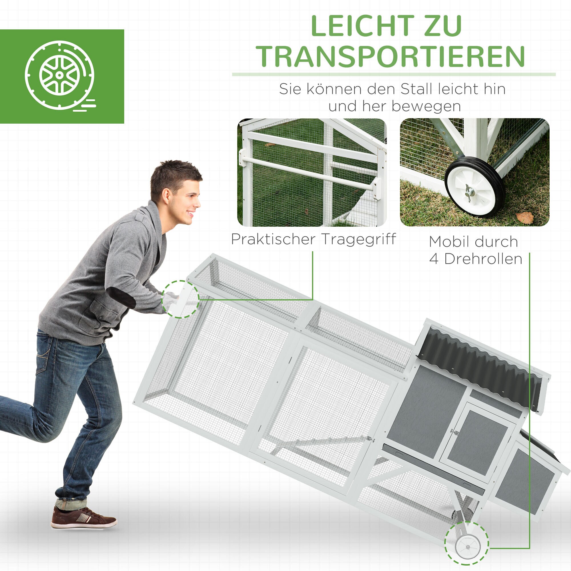 PawHut Kleintierstall mit mit Rädern und Griff weiß, grau 247L x 90B x 114H cm