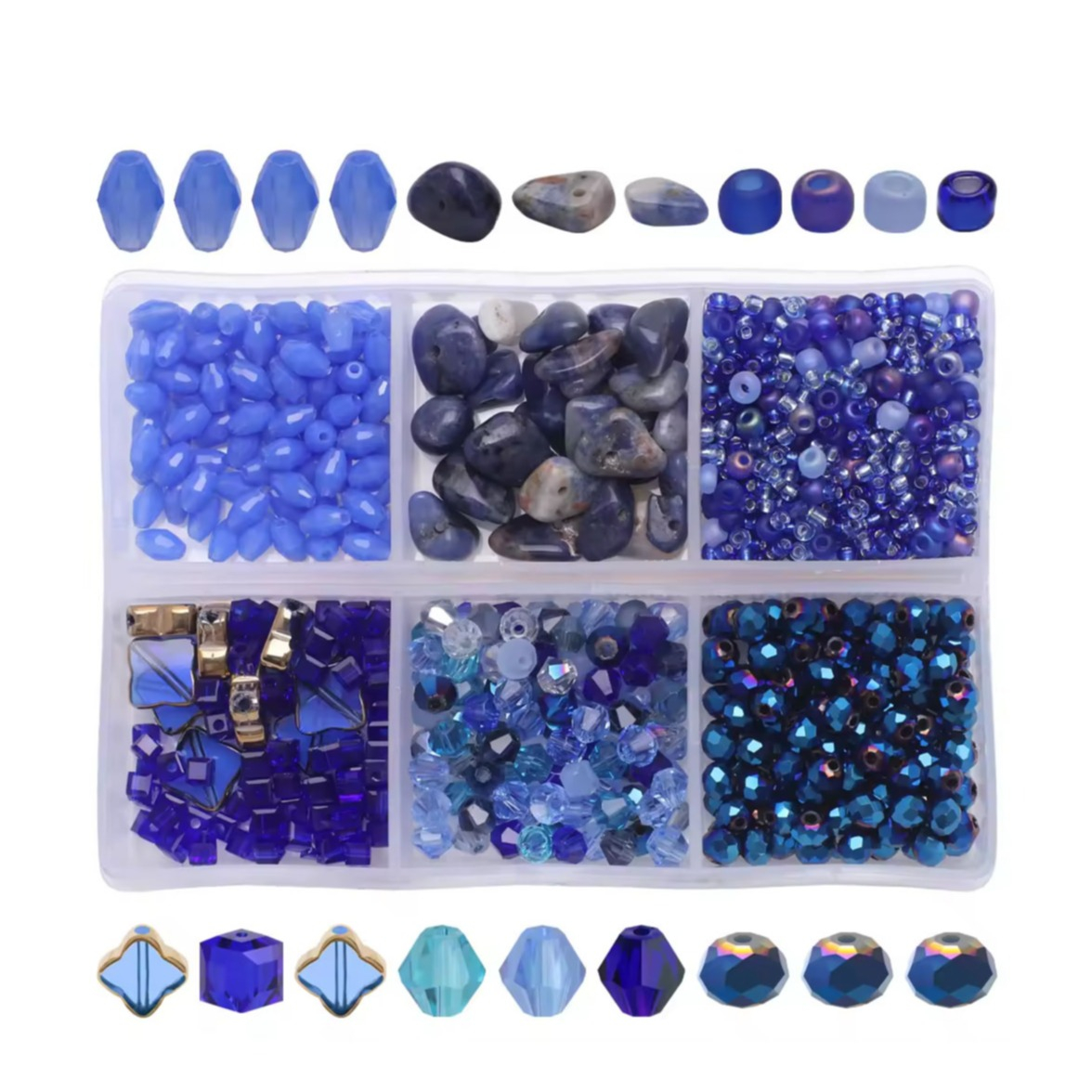 (850er Set) 1-11mm Schimmernde Glas Perlen DIY Bastel Schmuck Zwischenperle für Armband / Kette - Blau