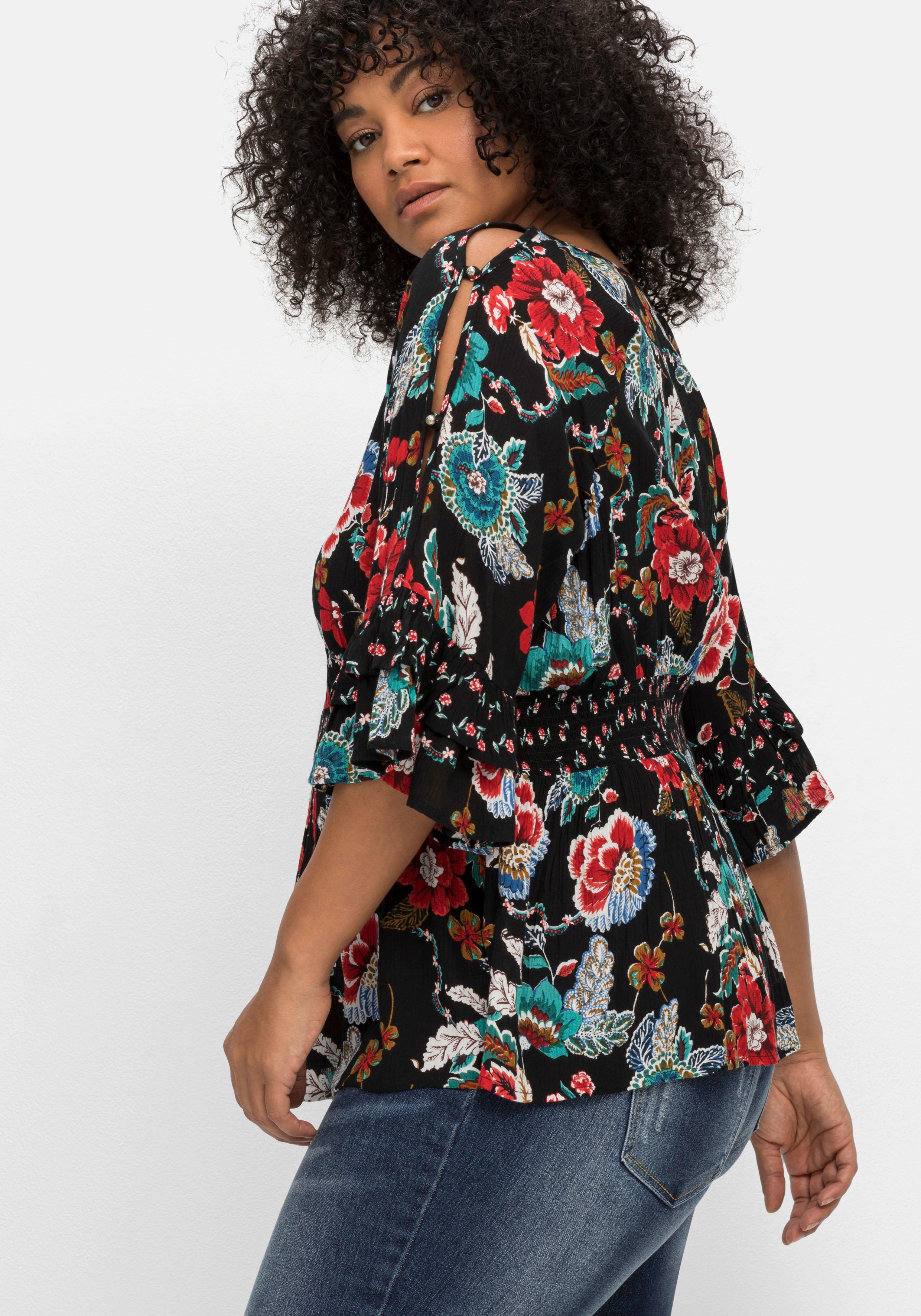 Tunika mit Cut-outs, Smokbund und Blumenprint