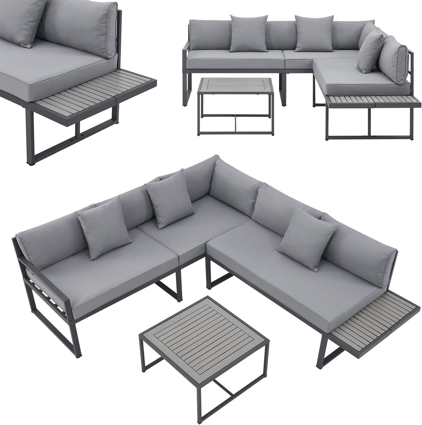 Juskys Gartenmöbel Lounge St. Tropez - 4 Personen Sitzecke - Set mit Tisch, Ecksofa & Kissen - Möbel für Balkon & Garten - Holz Balkonmöbel Grau