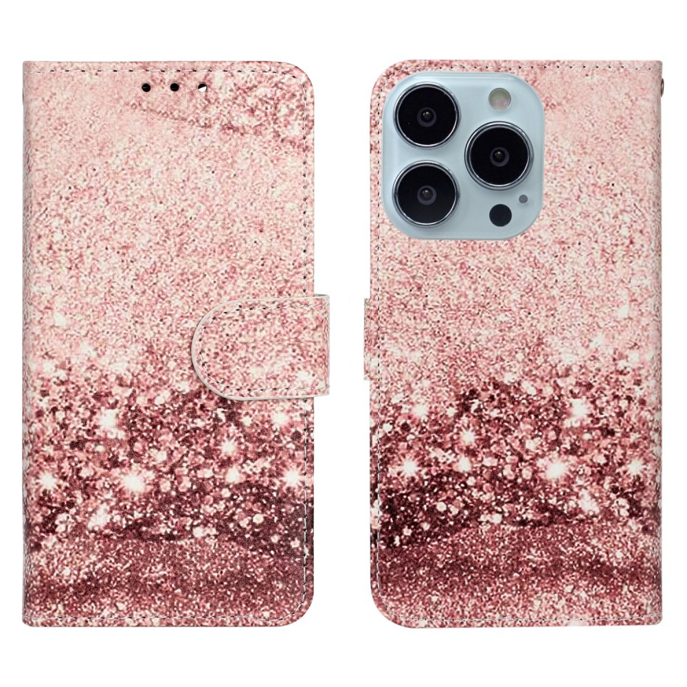 iPhone 13 Pro Leder Tasche Flip Cover Glitzer Optik - Roségold