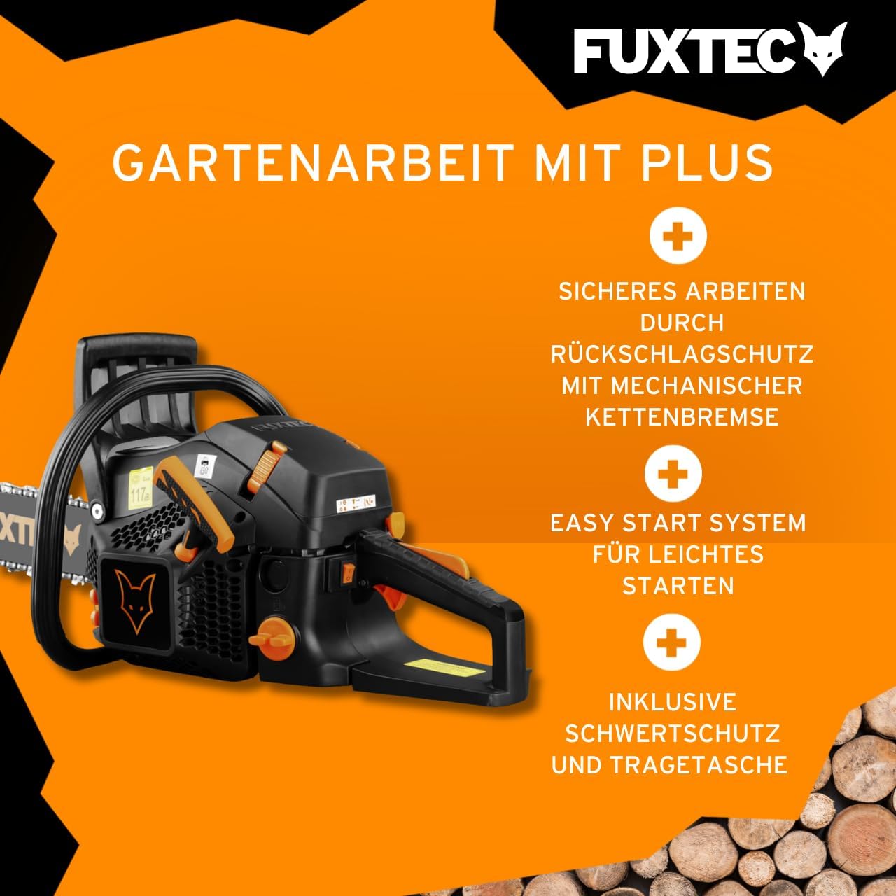 FUXTEC Benzin Kettensäge FX-KS255 – Motorsäge 2,3kw 54ccm Hubraum & EASY-Start – Schwertlänge 52cm inkl. Schwertschutz & Tragetasche